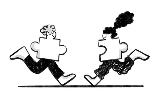 male and female puzzle pieces coming together.Unity, love, partnership