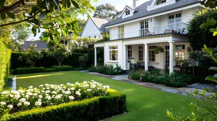 Colonial style white wooden cladding family house exterior. Beautiful front yard landscaping design with lawn and flower bed.