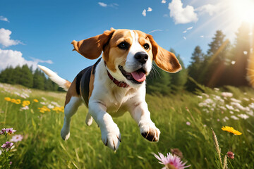 A beagle flying in the meadow. Generative AI