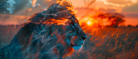Lion in contemplative pose with a serene savanna sunset double exposed