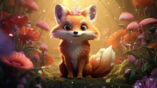 Adorable fluffy fox exploring the mystical fantasy forest Seamless looping 4k time-lapse virtual video animation background. Generated AI
