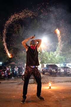 Street performer in fire show