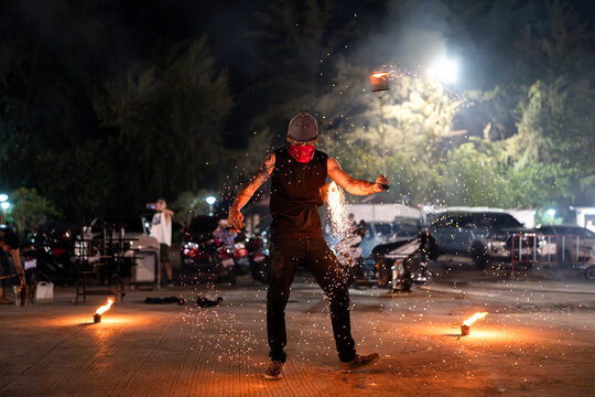 Street performer in fire show