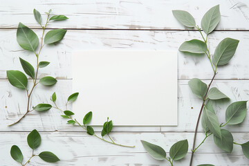 A mockup scene of an A5 white card surrounded by vibrant green leaves on a textured white wooden table