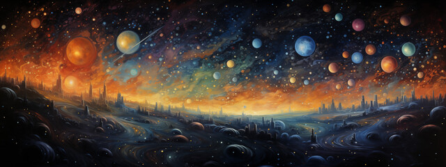 Cosmic Journey: Planets and Stars at Dawn - obrazy, fototapety, plakaty