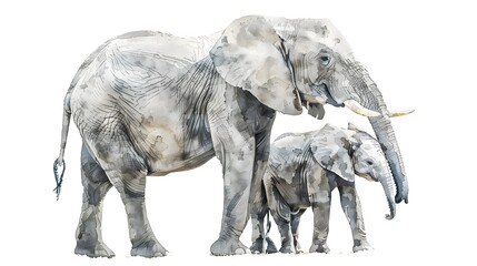 Watercolour style clipart bundle of african elephants, adult and baby, isolated on a white...