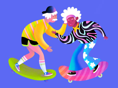 Elder woman and man riding skateboards