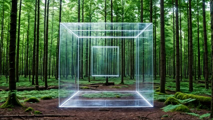 Rolgordijnen An image of a digital square box in a green and fresh forest. Generative AI. © sungsuk park