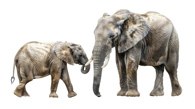 Watercolour style clipart bundle of african elephants, adult and baby, isolated on a white background