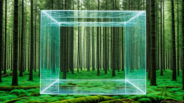 An image of a digital square box in a green and fresh forest. Generative AI.
