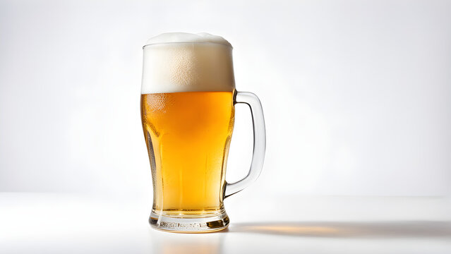 Image of beer in a cold glass on white background. generative AI.