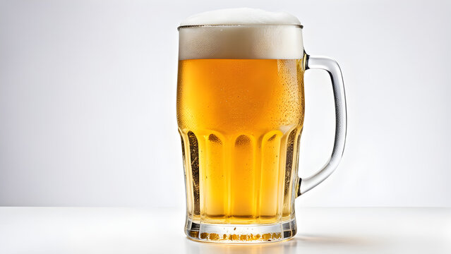 Image of beer in a cold glass on white background. generative AI.