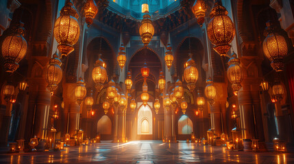 Obraz premium Islamic arabic lantern with burning candle background for ramadan