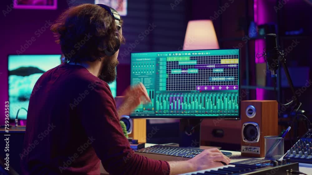 Poster audio engineer working at home music studio with daw software and equalizer mixing gear on screen. p