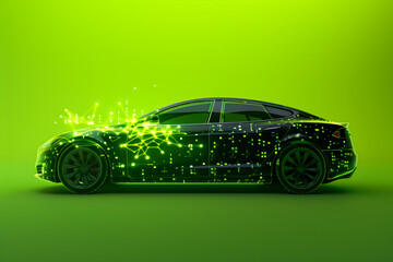 An electric vehicle with a dynamic silhouette, partially covered by an opaque overlay of green tech symbols, against a lime green background.