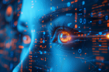 Artificial intelligence cyborg face with binary code on screen