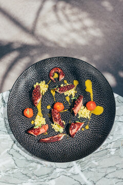 Artful Culinary Creation with Octopus on Textured Plate