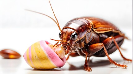 cockroach-Candy Crunch: Macro Close-up of a Cockroach Devouring a Sweet Treat in High Key Isolation