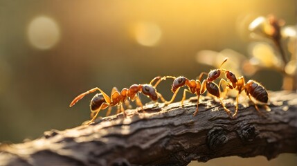 Fototapeta premium ants on a tree-Golden Hour Antics: Close-Up on Ants Exploring a Dried Branch