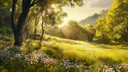 sunlit forest meadow awakening, spring beauty landscape