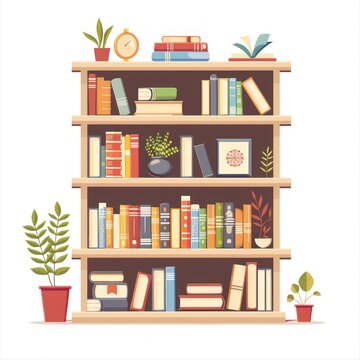 Bookshelf flat illustration. wooden bookshelf with various books and plant interior decoration