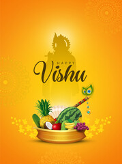 Vector illustration of a Banner for Happy Vishu Design On Traditional Background with Kani konna flower and vessel of fruits, Vishu is South indian festival