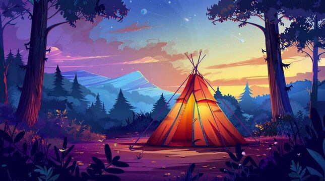Indian Tent Silhouetted Against Vibrant Sunset Sky Seamless looping 4k time-lapse virtual video animation background. Generated AI