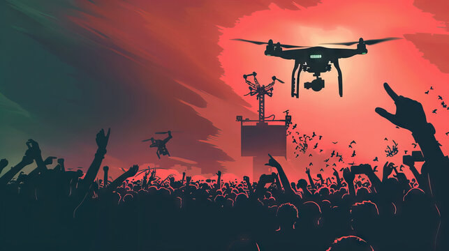 Drone attack. Drone in sky flying towards crowd