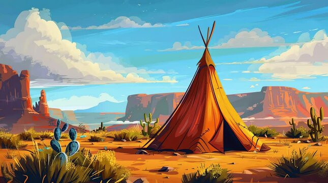 Desert Oasis: Indian Tent Amidst the Vast American Desert Landscape  Seamless looping 4k time-lapse virtual video animation background. Generated AI