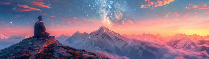 Luminous Harmony, Floating Petals, Enlightened beings communing on a mountain peak, under a sky filled with stars, 3D Render, Silhouette Lighting, Vignette