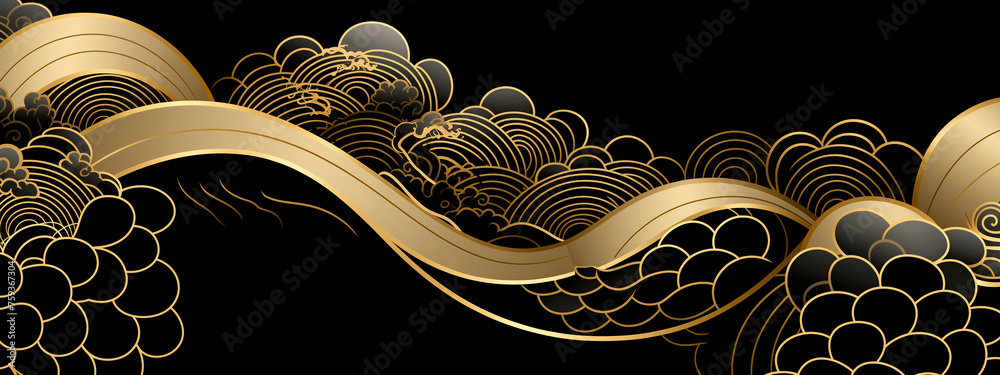 Sticker Horizontal Luxury Image of Elegant Gold Pattern on Black Background in Japanese Style