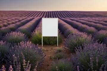mockup of a blank, empty billboard in the middle of a field of lavender flowers, photo-realistic