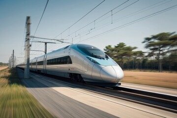 Fototapeta premium Modern high speed train on a clear day with motion blur. Generative AI.