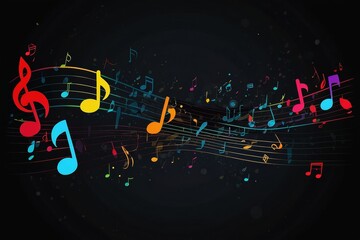 Music notes and signs add up to melody on abstract dark background. Musical banner.