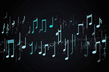 Music notes and signs add up to melody on abstract dark background. Musical banner.