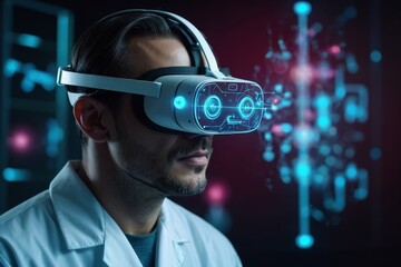 Virtual reality, overlay and head of scientist in laboratory for digital transformation and medical research on hologram.
