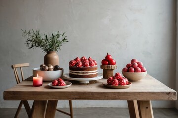 white empty wall mockup, wooden rustic table, desserts cake on the table, red polkadots mushroom ornaments on the table, little fairies ornaments displayed on the table, greeneries arrangements