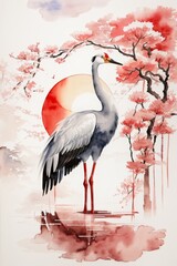 Pink flamingo wades gracefully in water, surrounded by other birds like the grey crowned crane, creating a serene wildlife scene in watercolor on a white isolated background. Generative AI.