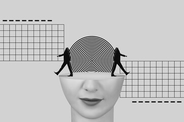 Mixed media collage with walking men on the top of a head of a woman