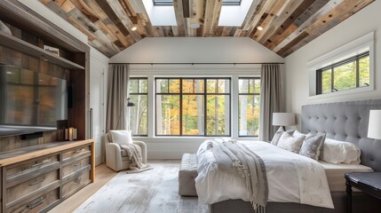 Vaulted ceiling with skylights in farmhouse. Interior design of modern rustic bedroom. 