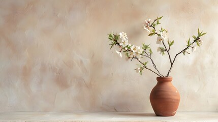Blossom branch in clay vase near beige stucco wall background. Interior design of modern living room with space for text.