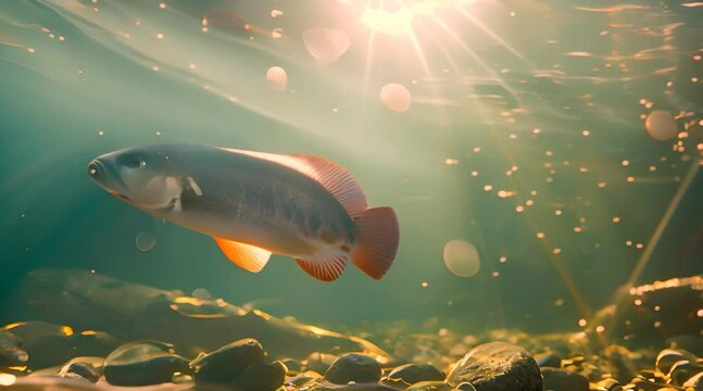 Largemouth Bass Swimming in Sunlit Waters with AI generated.

