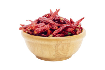 Red chilies in a wooden bowl isolated on clipping path background