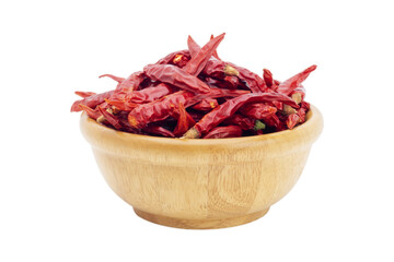 Red chilies in a wooden bowl isolated on clipping path background