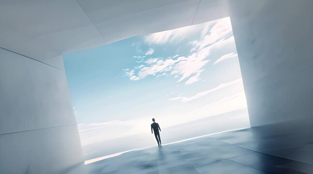 Solitary Figure Contemplating at Open Portal with AI generated.
