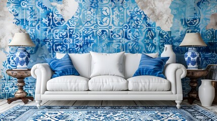 White sofa among blue motifs pottery near patterned wall. Boho or eclectic, bohemian interior design of modern living room. 