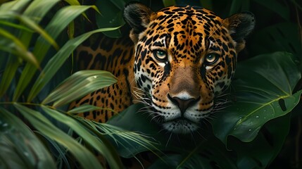 Close-up image of a jaguar in the tropical jungle
