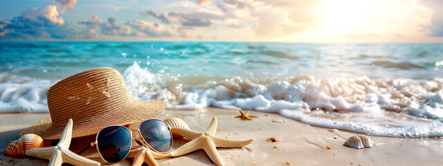Beach Scene with Starfish, Seashells and Hat