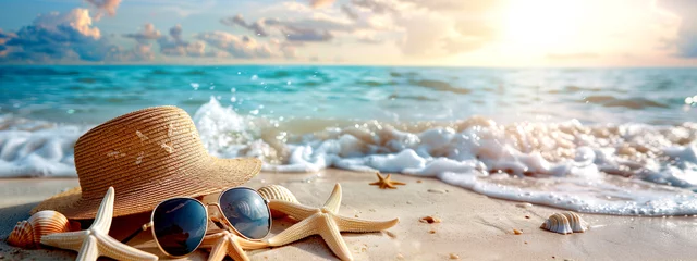 Foto op Canvas Beach Scene with Starfish, Seashells and Hat © PETR BABKIN