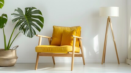 Wooden lounge chair with yellow cushions, potted monstera plant and floor lamp near white wall. Minimalist rustic home interior design of modern living room. 
